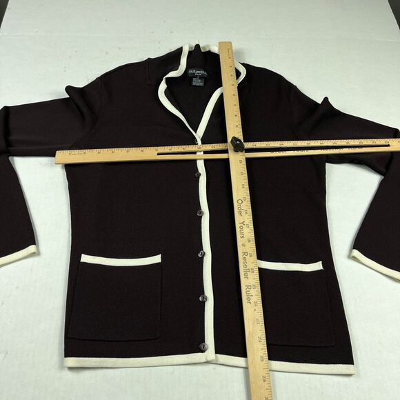 Due Per Due Veste Cardigan Sweater Brown Cream Contrast Trim Work Classic MEDIUM - Picture 5 of 9